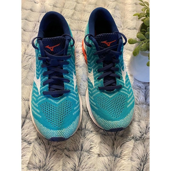 Womens Mizuno Running Shoes 7.5 WaveKnit R2 Teal Navy Orange - Picture 3 of 8